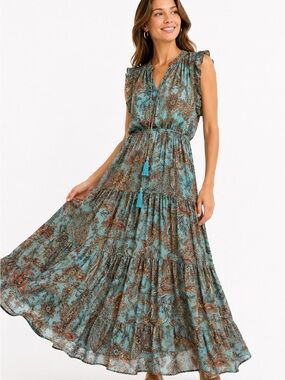 PENN by Karma Highway Turquoise Paisley Maxi Dress Boho Tassel Tie